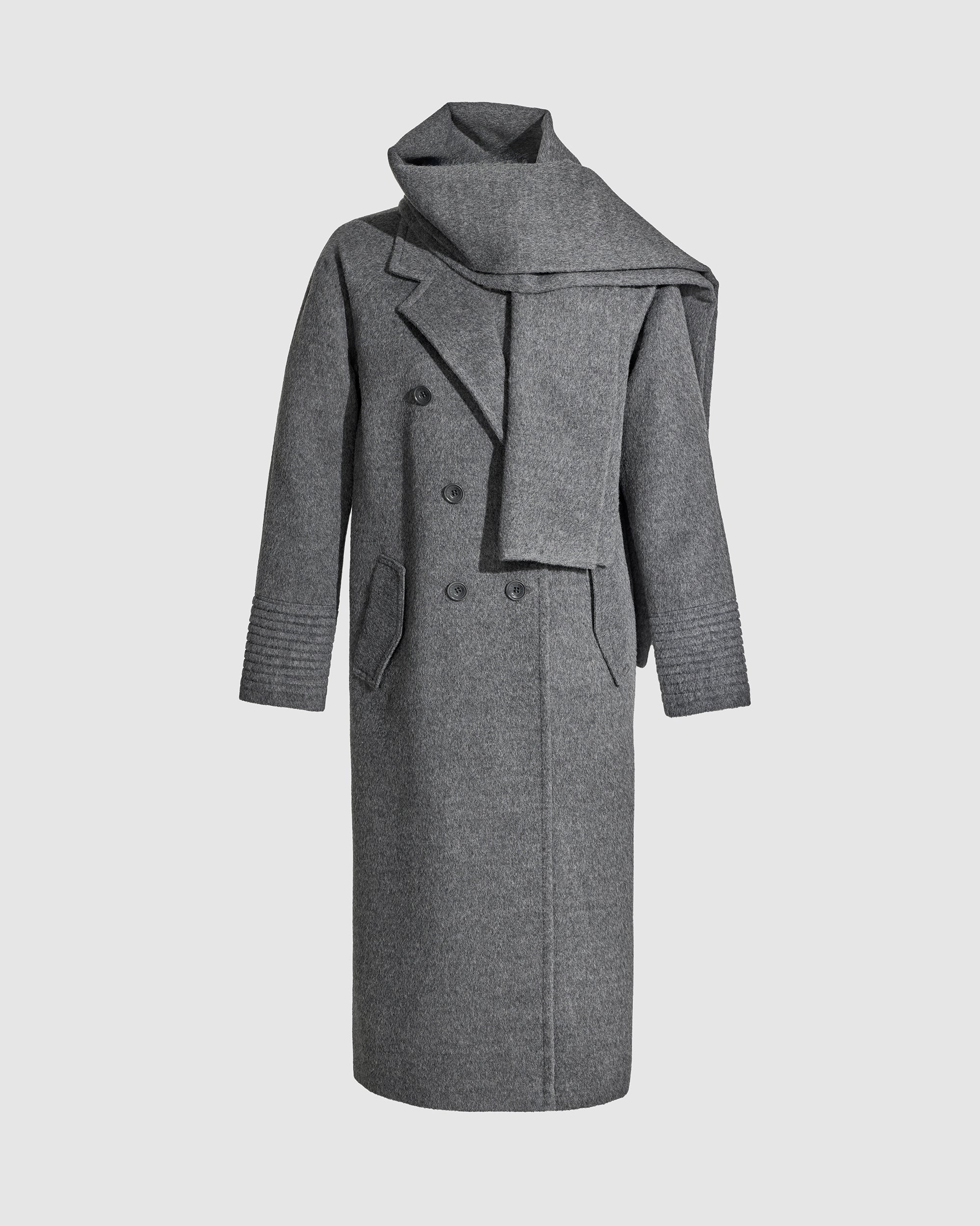 Double Breasted Grey Mélange Coat with Scarf | SENTALER