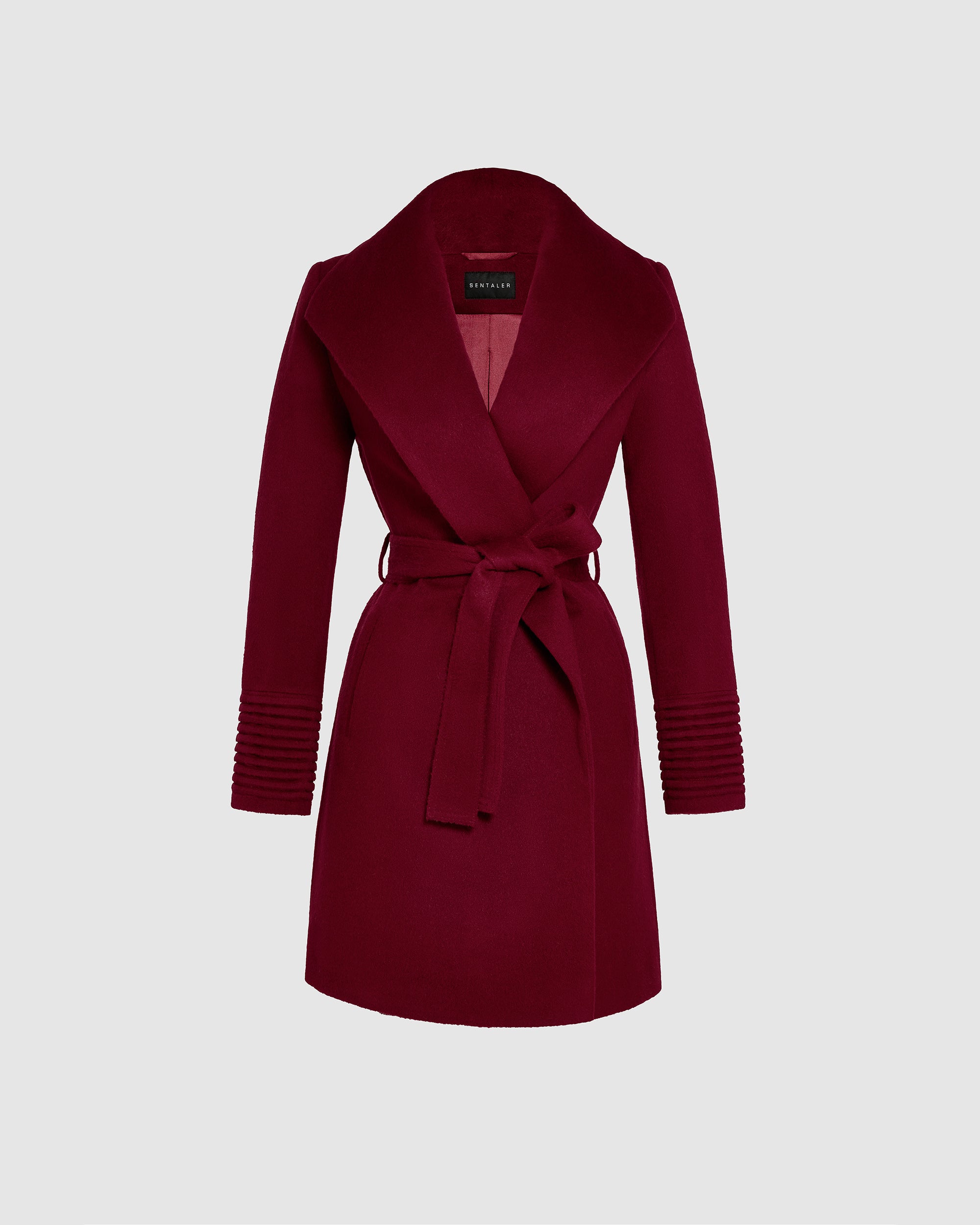 Mid Length Shawl Collar Wrap Garnet Red Coat | SENTALER