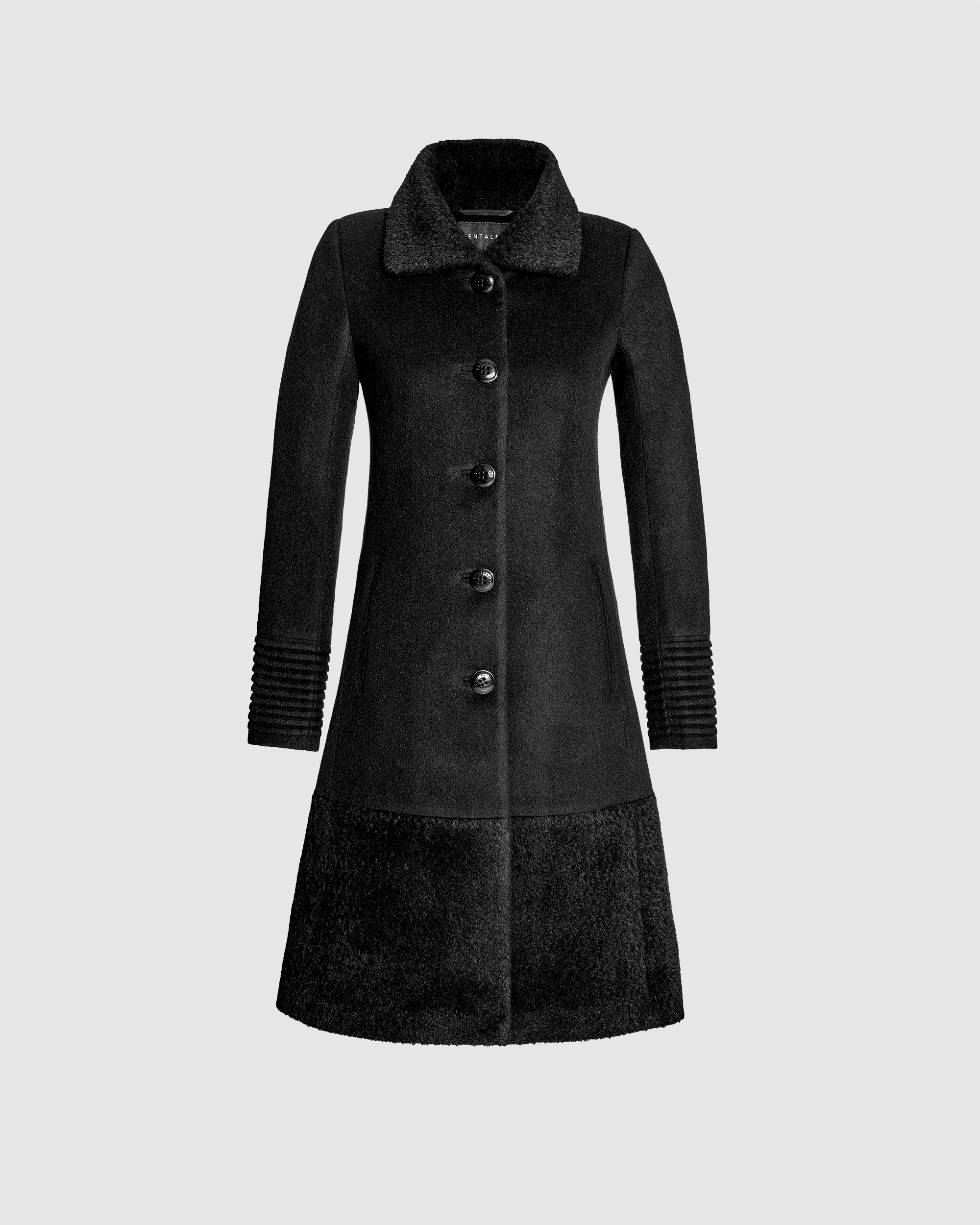 Empire Waist A-line Coat with Boucl Trim - Black SENTALER Empire Waist A-line Coat with Boucl Trim - Black SENTALER