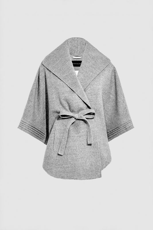 Sentaler Shale Grey Cape with Shawl Collar and Belt in Baby Alpaca wool. Seen as off figure.