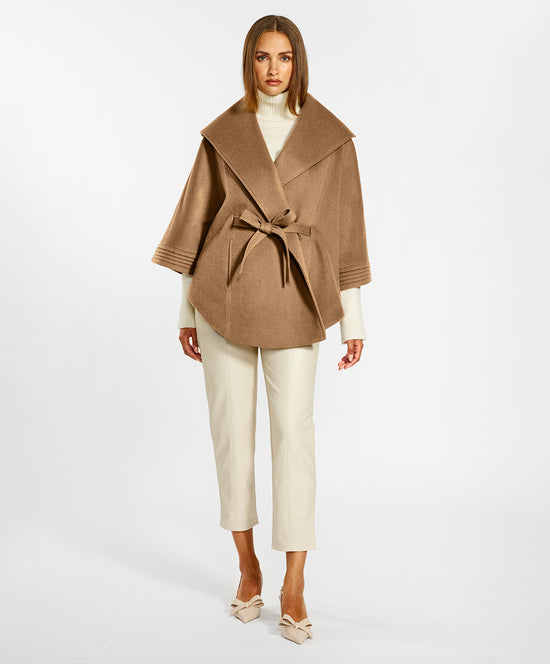 Sentaler Dark Camel Cape with Shawl Collar and Belt in Baby Alpaca wool. Seen from front on female model.