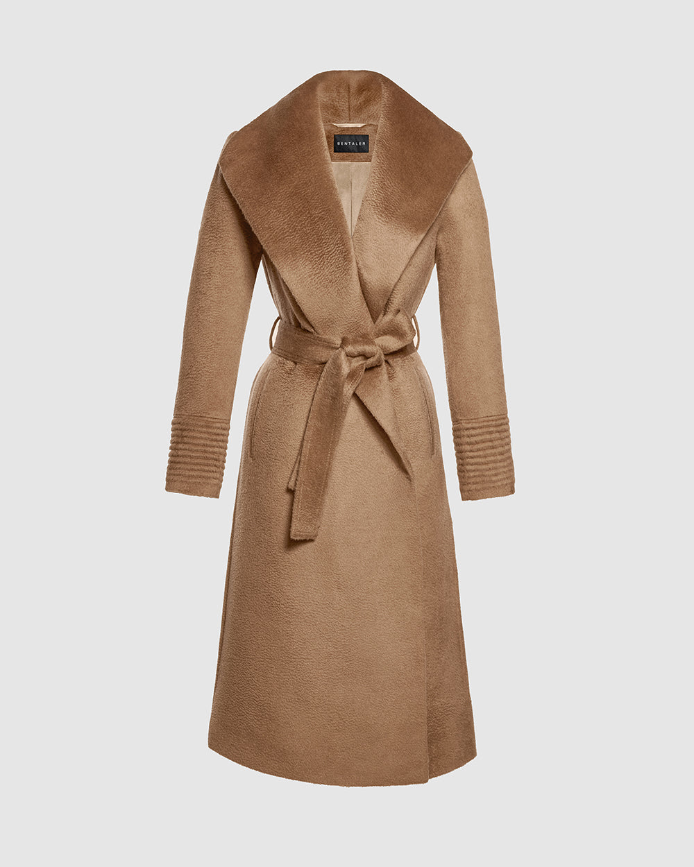 Suri Alpaca Shawl Collar Wrap Dark Camel Coat | SENTALER