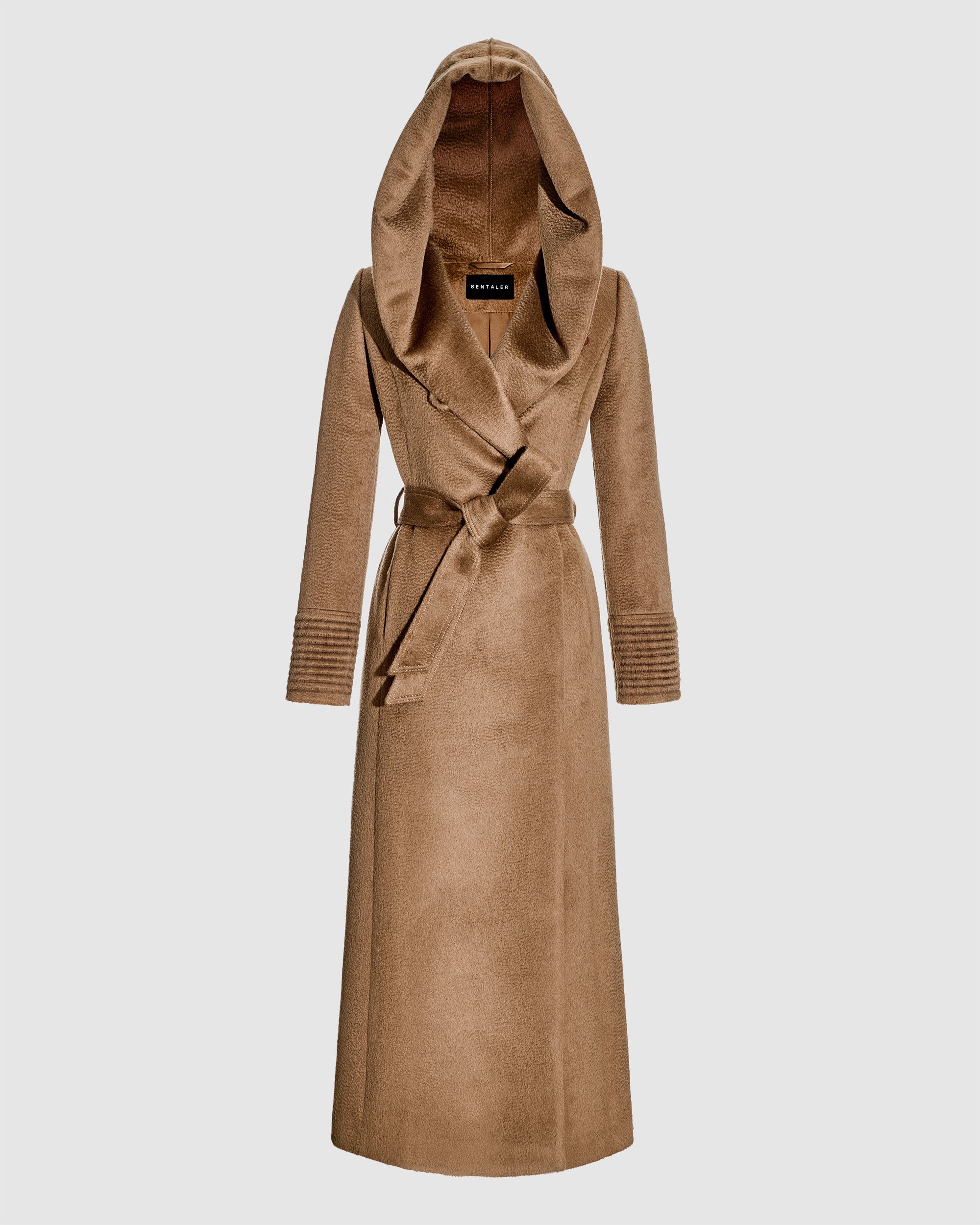 Suri Alpaca Maxi Hooded Wrap Dark Camel Coat | SENTALER