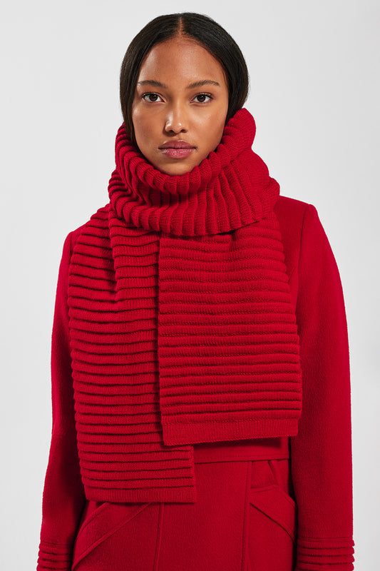 Sentaler Adult Ribbed Scarf featured in Baby Alpaca and available in Red. Seen from front.