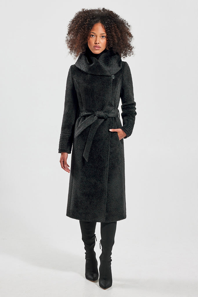 SENTALER Bouclé Alpaca Long Hooded Wrap Coat in Black - Size S