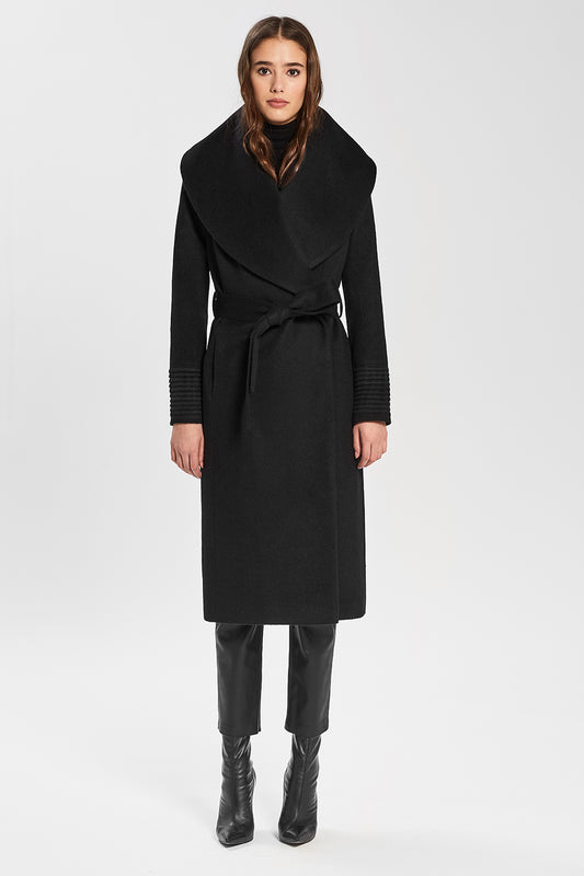 Sentaler Long Wide Shawl Collar Wrap Coat featured in Baby Alpaca and available in Black. Seen from front.