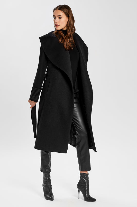 Sentaler Long Wide Shawl Collar Wrap Coat featured in Baby Alpaca and available in Black. Seen open.
