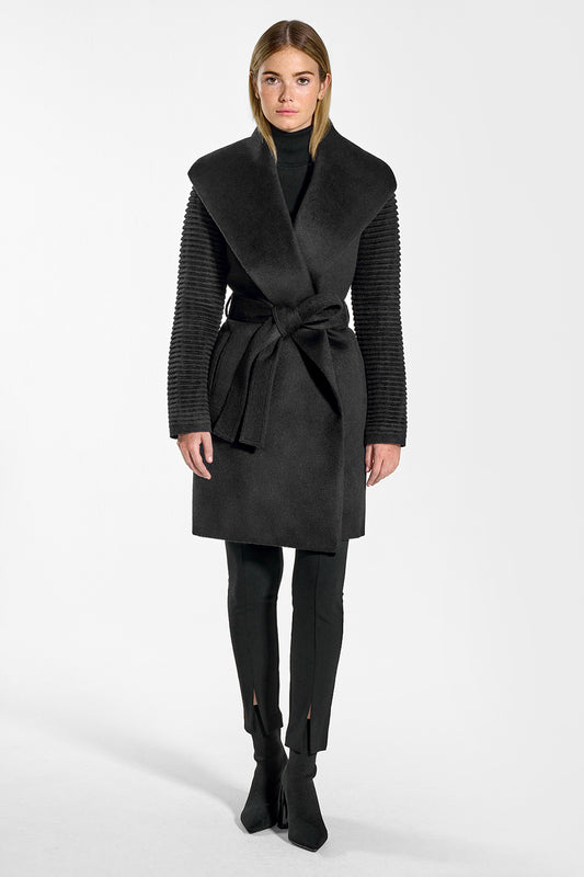 Sentaler Mid Length Shawl Collar Wrap Coat with Ribbed Sleeves featured in Baby Alpaca and available in Black. Seen from front on mode.