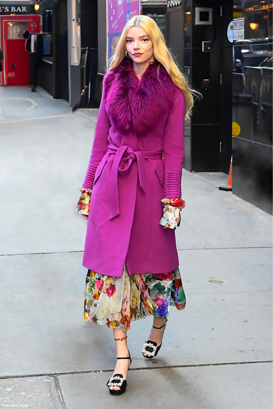 British-American actress Anya Taylor Joy wears the SENTALER Long Coat with Fur in Mulberry Purple on the streets of New York.