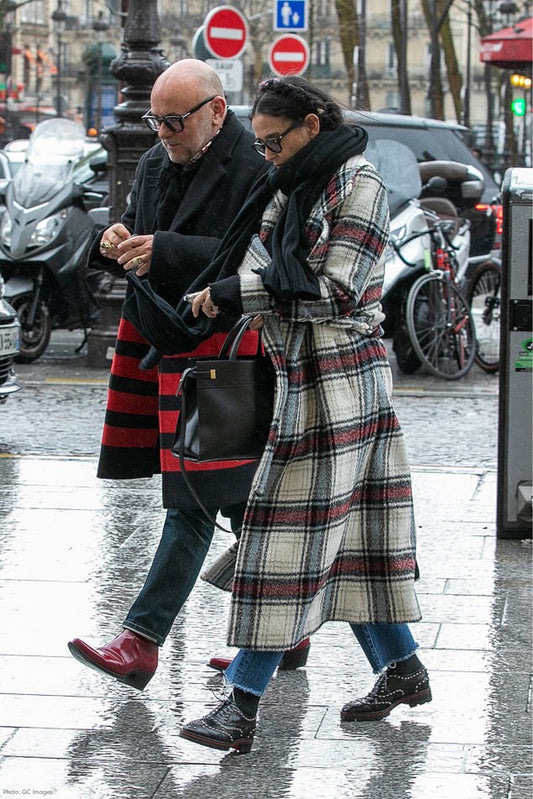 American actress Demi Moore is wearing the SENTALER Long Notched Collar Wrap Coat in Plaid on the streets of Paris.