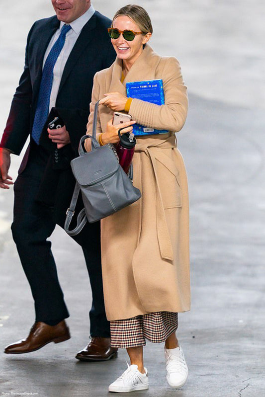 British actress Emily Blunt is wearing the SENTALER Long Wide Collar Wrap Coat in Camel on the streets of New York.