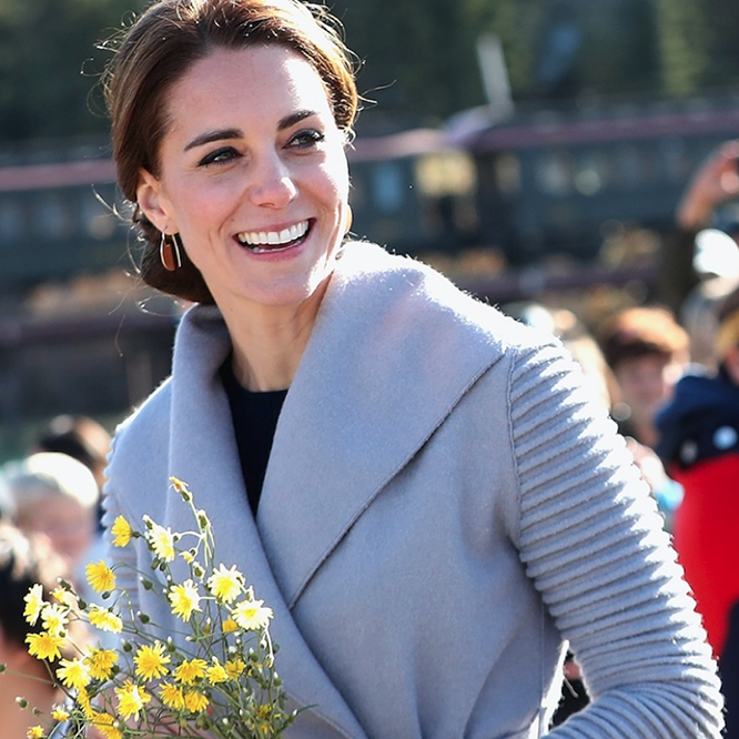 The Princess of Wales Kate Middleton is wearing the SENTALER Wrap Coat with Ribbed Sleeves in Gull Grey.