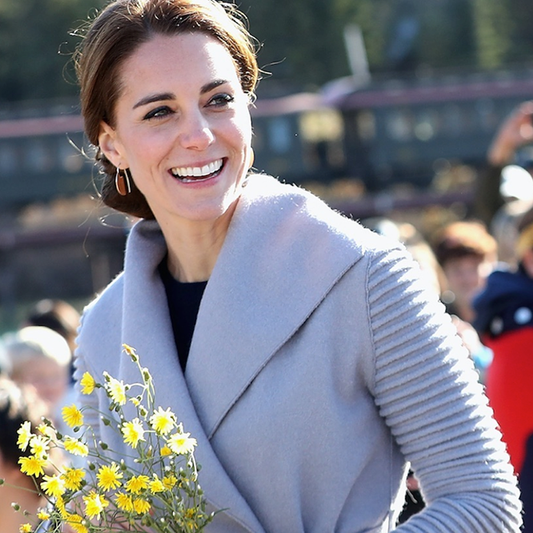 The Princess of Wales Kate Middleton is wearing the SENTALER Wrap Coat with Ribbed Sleeves in Gull Grey.