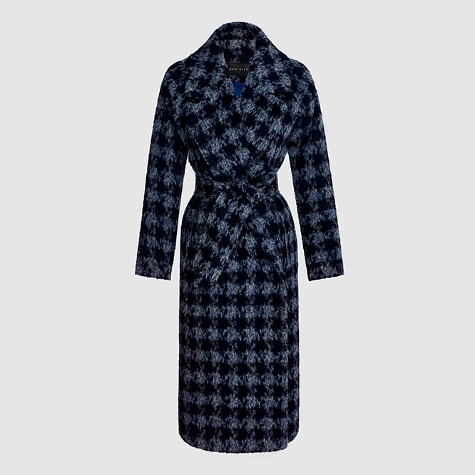 Image features the FASHION logo and an off-figure image of the Sentaler Houndstooth Alpaca Long Raglan Sleeve Notched Collar Coat featured in Printed Suri Alpaca and available in Navy Houndstooth Blue.