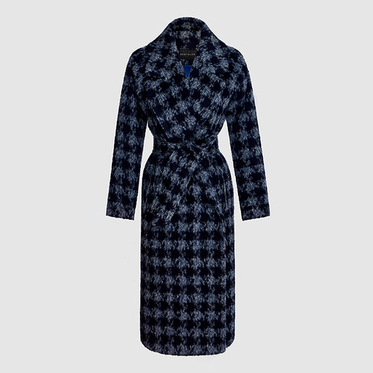 Image features the FASHION logo and an off-figure image of the Sentaler Houndstooth Alpaca Long Raglan Sleeve Notched Collar Coat featured in Printed Suri Alpaca and available in Navy Houndstooth Blue.