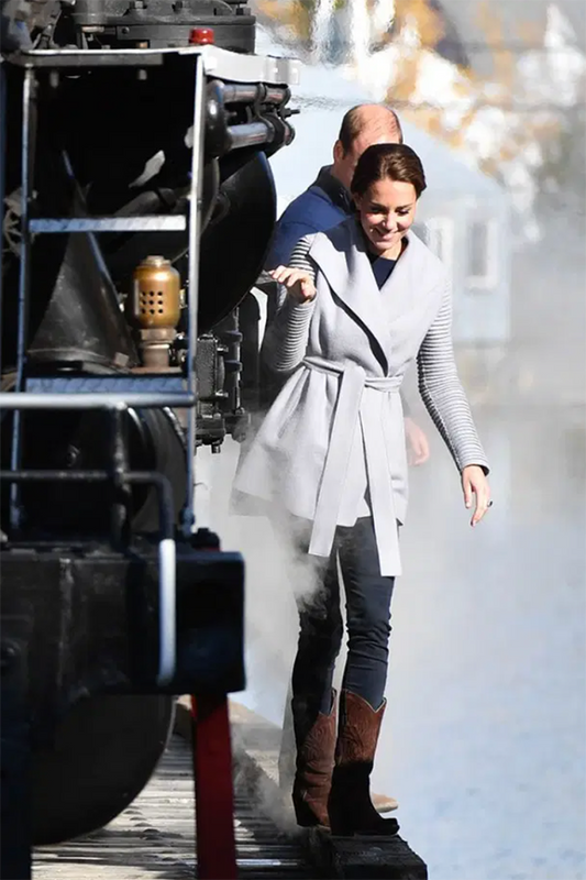 Image features the Maclean's logo and an image of the Princess of Wales, Kate Middleton wearing the Sentaler Wrap Coat with Ribbed Sleeves featured in Superfine Alpaca and available in Gull Grey.