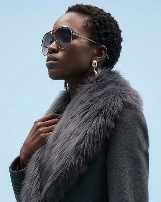 Front view of model wearing a Sentaler graphite double breasted maxi coat made of baby alpaca wool, with a peak collar, worn unbuttoned with shearling collar.
