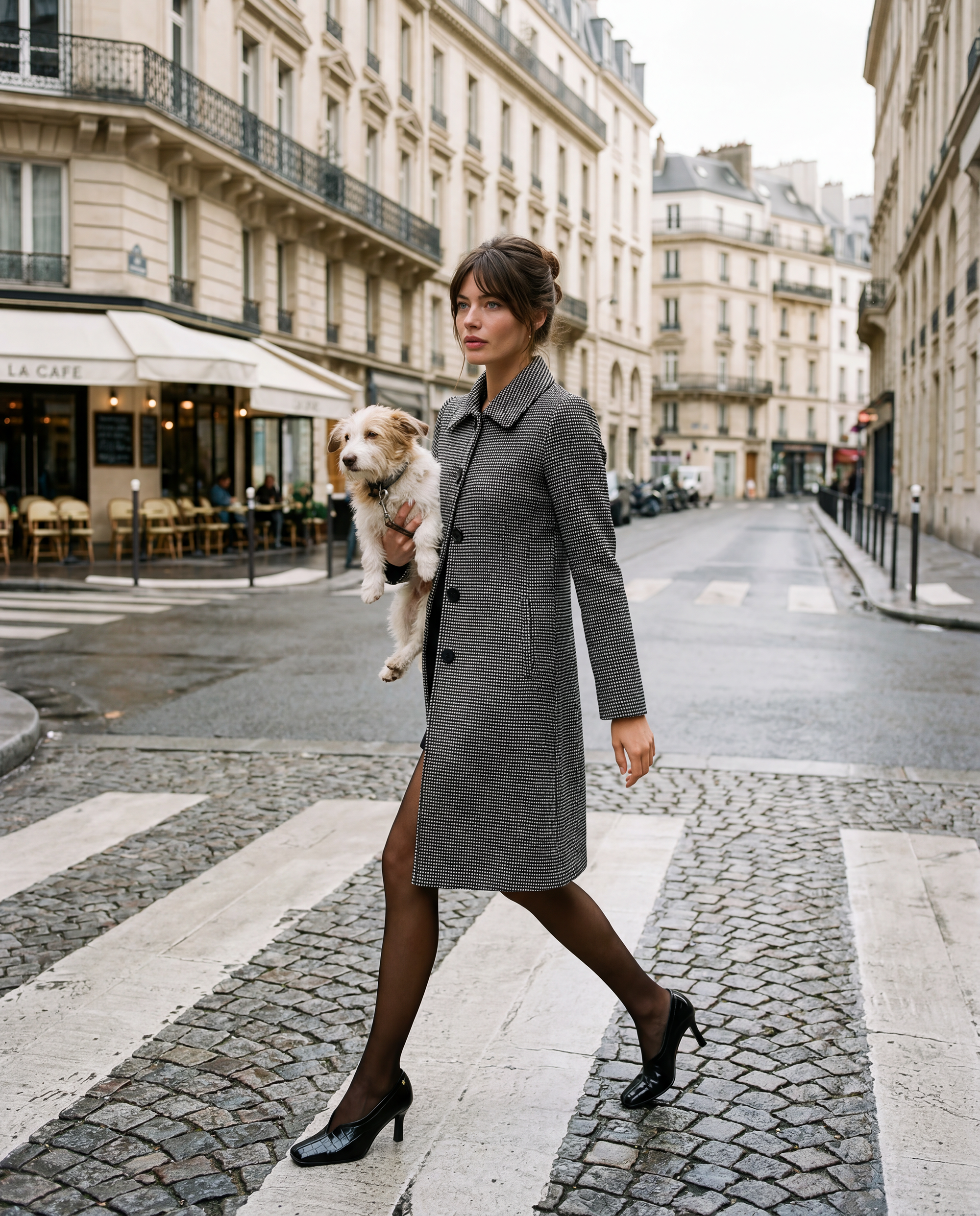 Front view of model wearing a Sentaler black, gold and ivory A-line coat made of tweed suri alpaca wool, worn buttoned.
