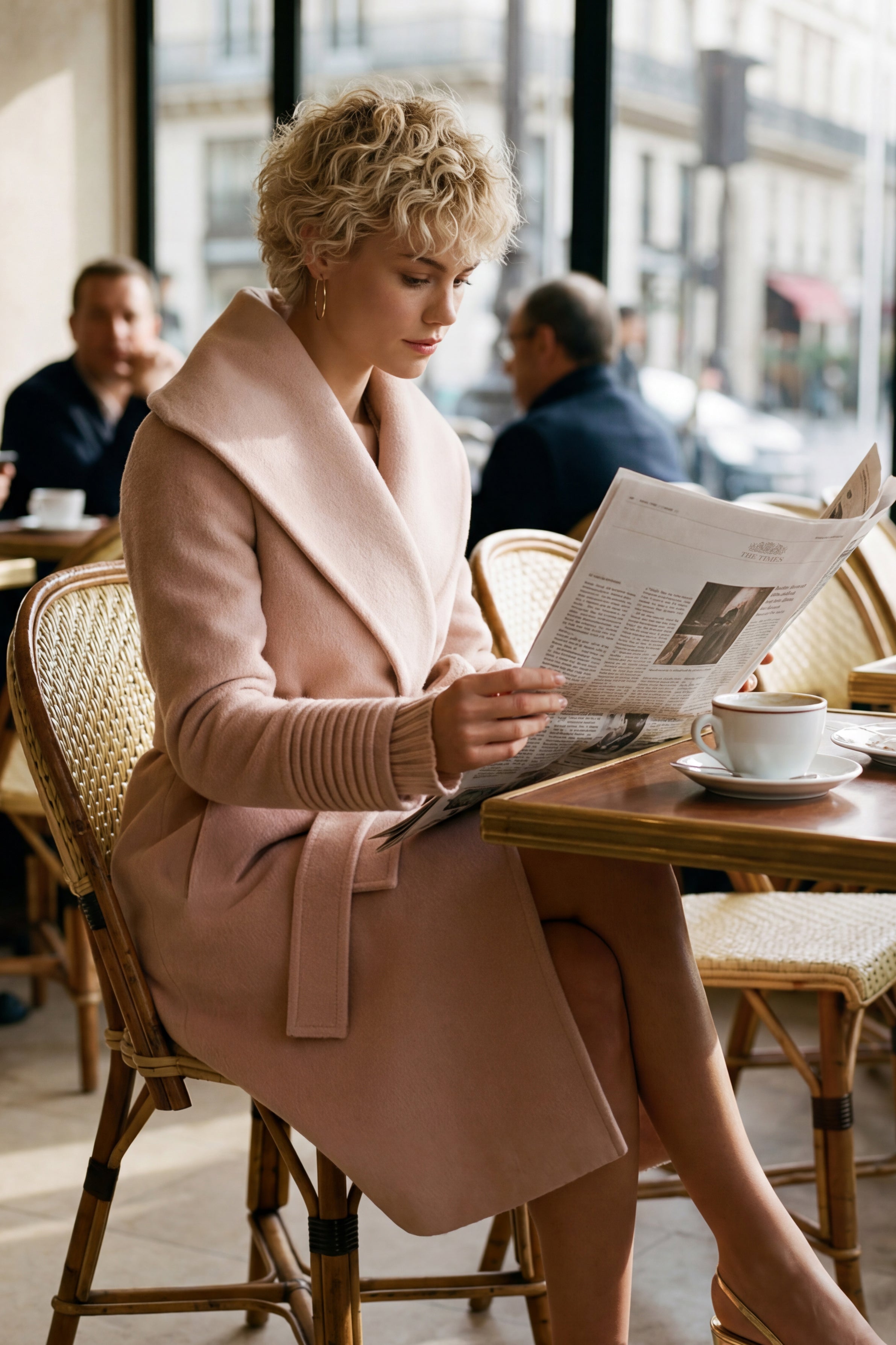 Front view of model wearing a Sentaler mid length blush pink coat made of baby alpaca wool, with a shawl collar, worn belted.