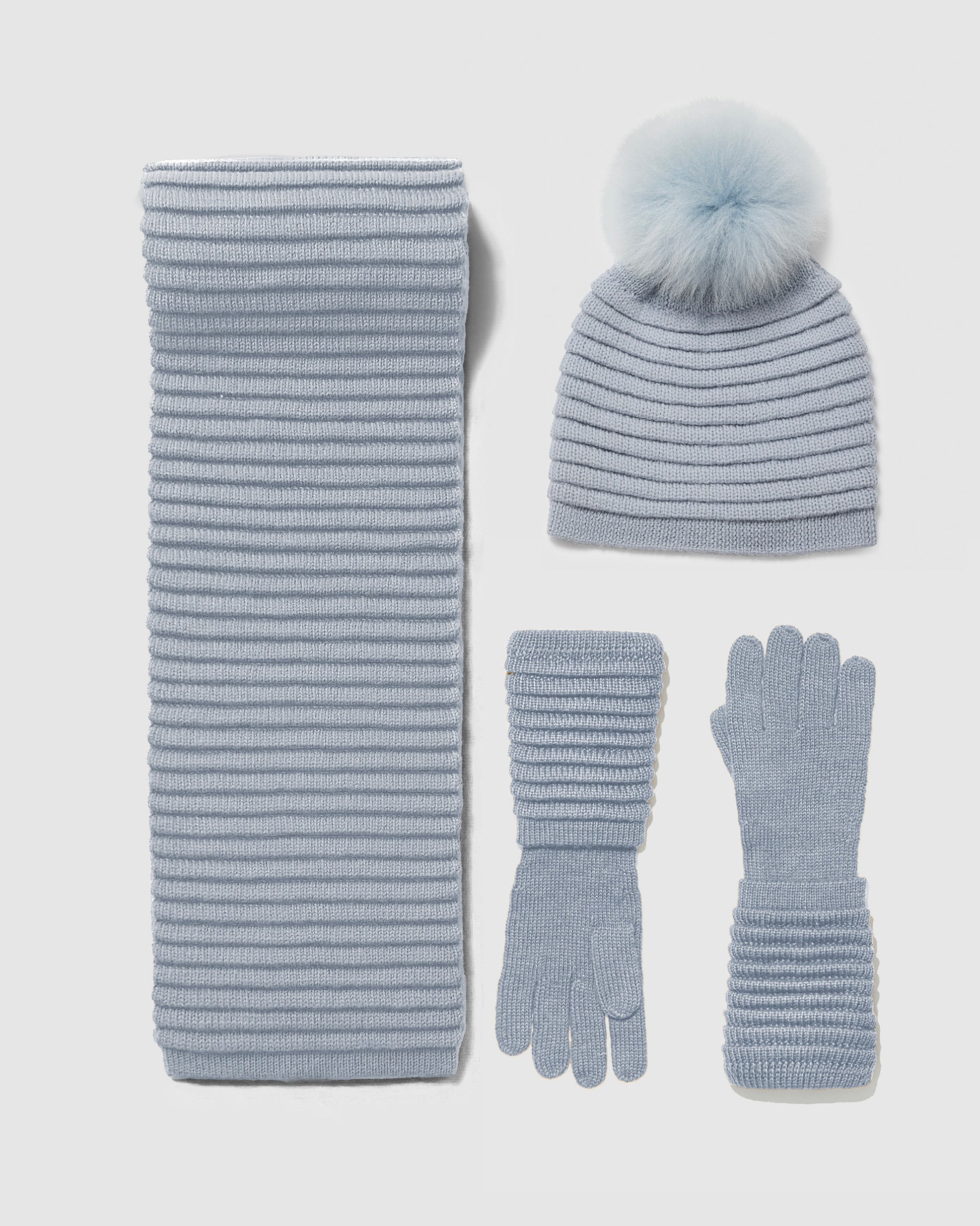 Sentaler women’s glacial blue ribbed winter accessories set including hat, scarf, and gloves made of Baby Alpaca fabric, displayed on a white background.