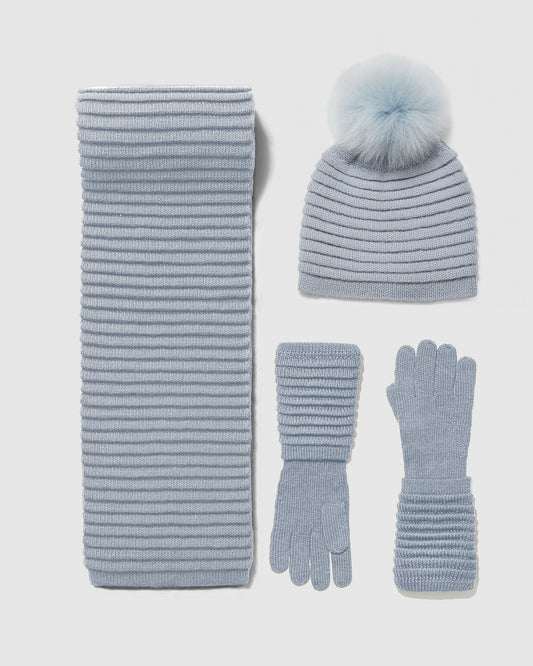 Sentaler women’s glacial blue ribbed winter accessories set including hat, scarf, and gloves made of Baby Alpaca fabric, displayed on a white background.