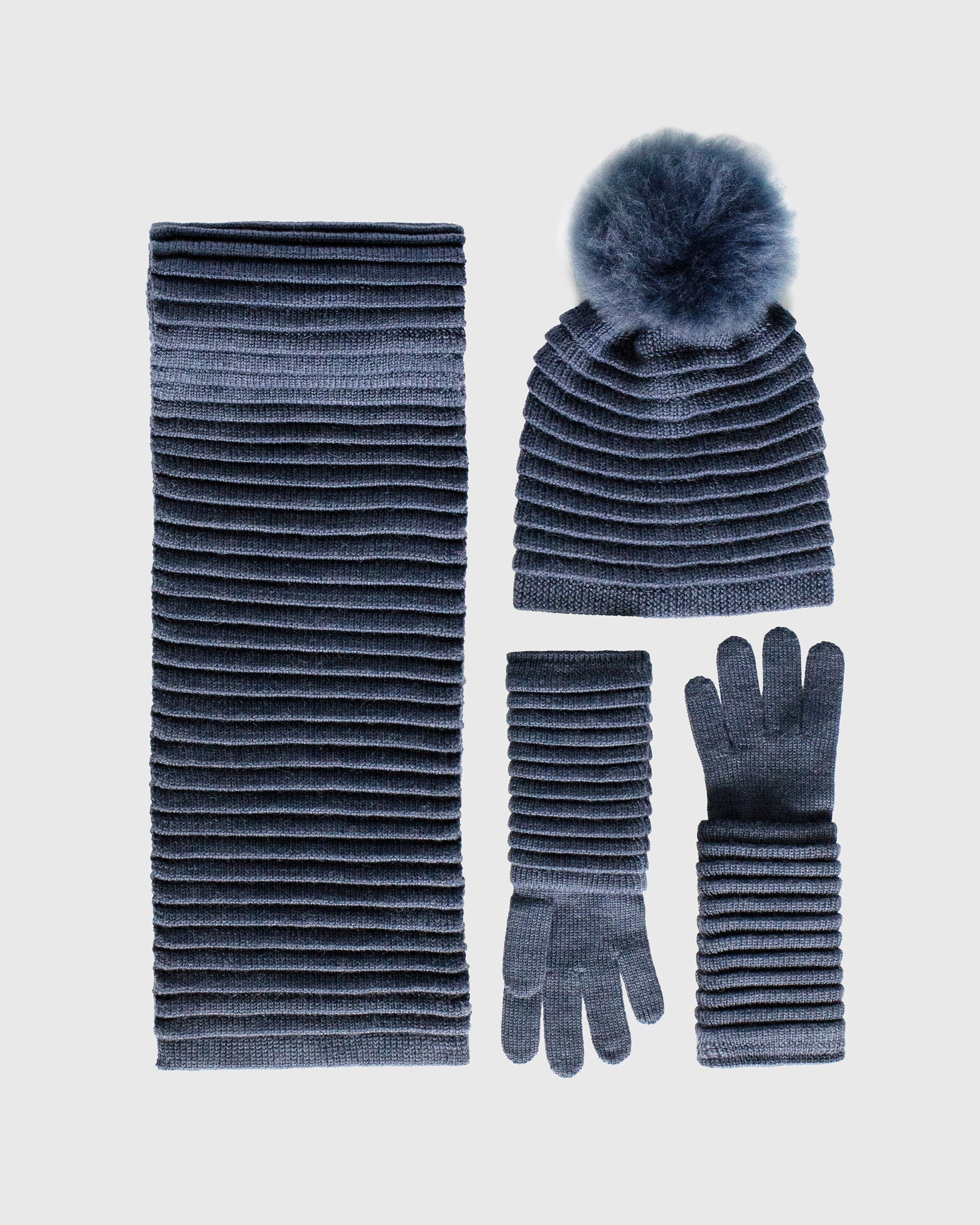 Sentaler women’s graphite ribbed winter accessories set including hat, scarf, and gloves made of Baby Alpaca fabric, displayed on a white background.