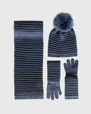 Sentaler women’s graphite ribbed winter accessories set including hat, scarf, and gloves made of Baby Alpaca fabric, displayed on a white background.