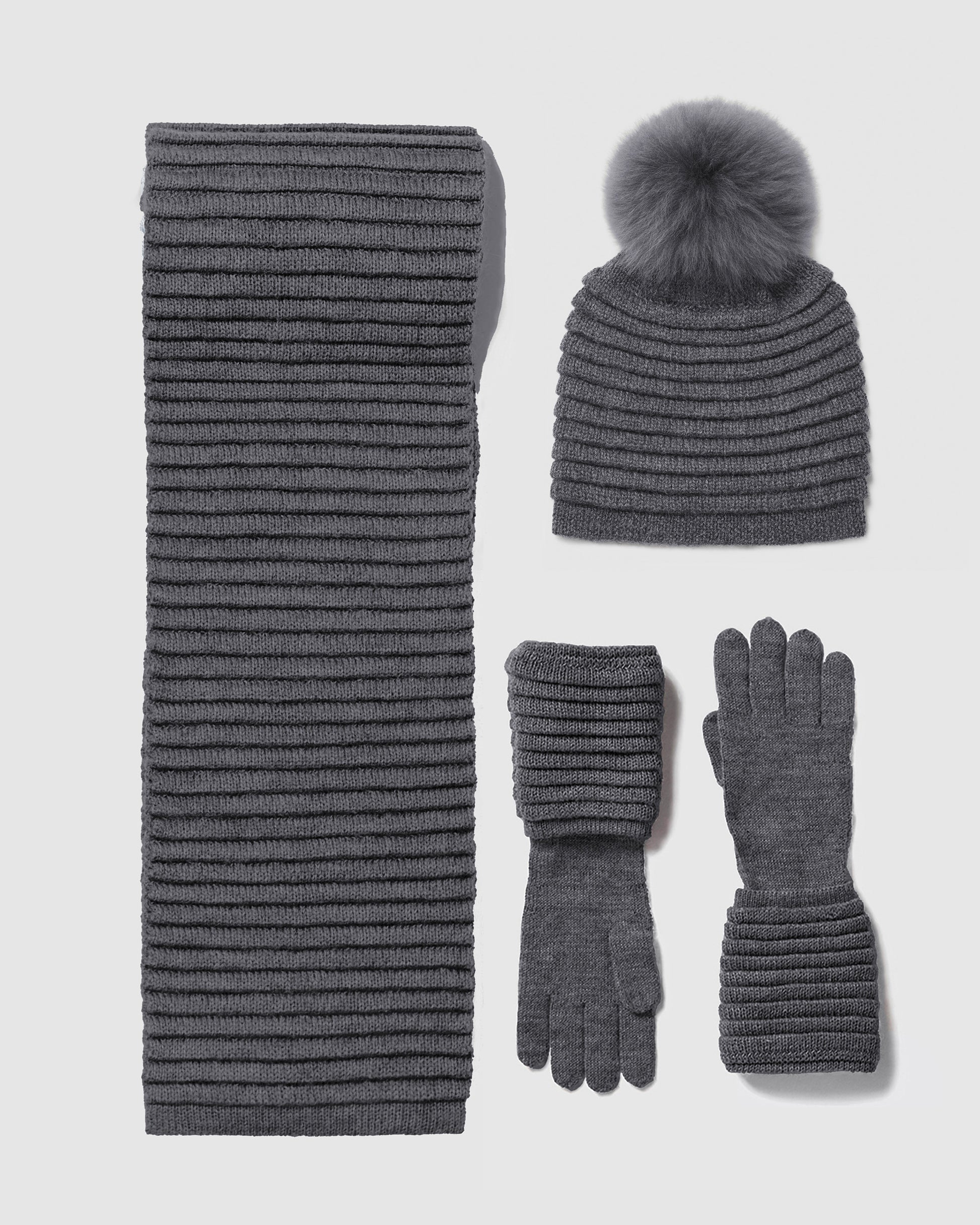 Sentaler women’s grey mélange ribbed winter accessories set including hat, scarf, and gloves made of Baby Alpaca fabric, displayed on a white background.