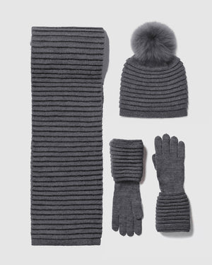 Sentaler women’s grey mélange ribbed winter accessories set including hat, scarf, and gloves made of Baby Alpaca fabric, displayed on a white background.
