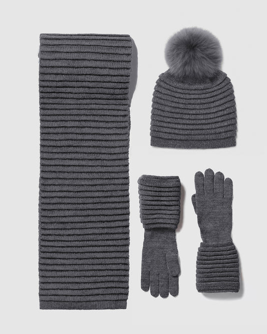 Sentaler women’s grey mélange ribbed winter accessories set including hat, scarf, and gloves made of Baby Alpaca fabric, displayed on a white background.