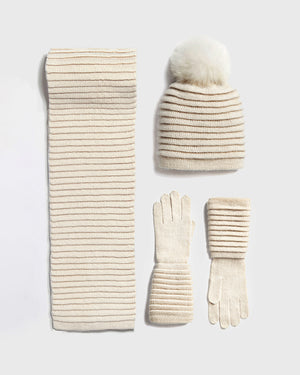 Sentaler women’s ivory ribbed winter accessories set including hat, scarf, and gloves made of Baby Alpaca fabric displayed on a white background.