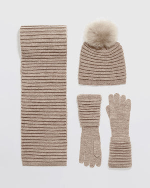 Sentaler women’s light taupe ribbed winter accessories set including hat, scarf, and gloves made of Baby Alpaca fabric, displayed on a white background.