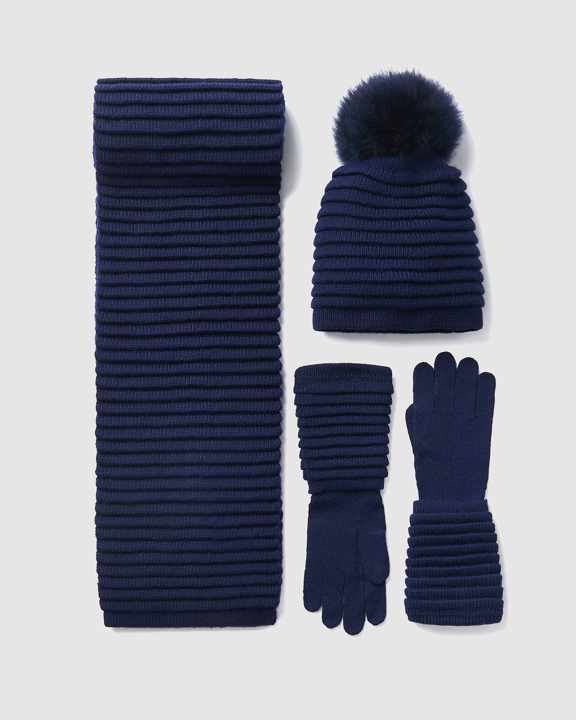 Sentaler women’s navy ribbed winter accessories set including hat, scarf, and gloves made of Baby Alpaca fabric, displayed on a white background.