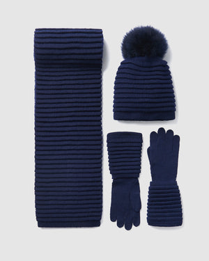 Sentaler women’s navy ribbed winter accessories set including hat, scarf, and gloves made of Baby Alpaca fabric, displayed on a white background.