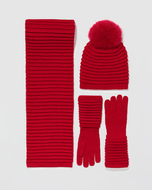Sentaler women’s red ribbed winter accessories set including hat, scarf, and gloves made of Baby Alpaca fabric, displayed on a white background.