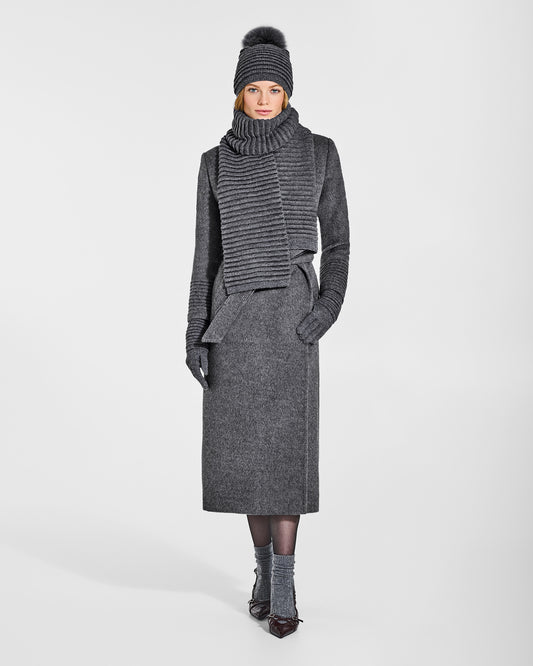 Front view of model wearing Sentaler's signature grey mélange ribbed hat, scarf, and gloves, paired with a matching grey mélange coat.