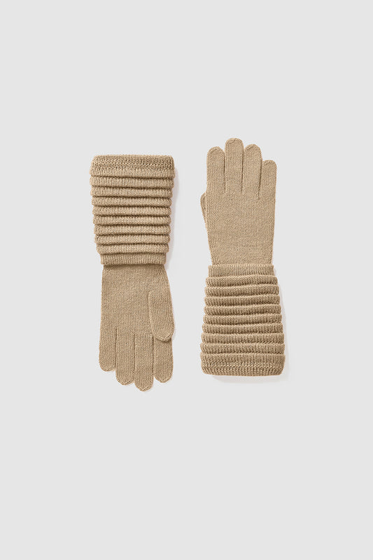 Sentaler Adult Ribbed Gloves featured in Baby Alpaca and available in Camel. Seen as off figure.