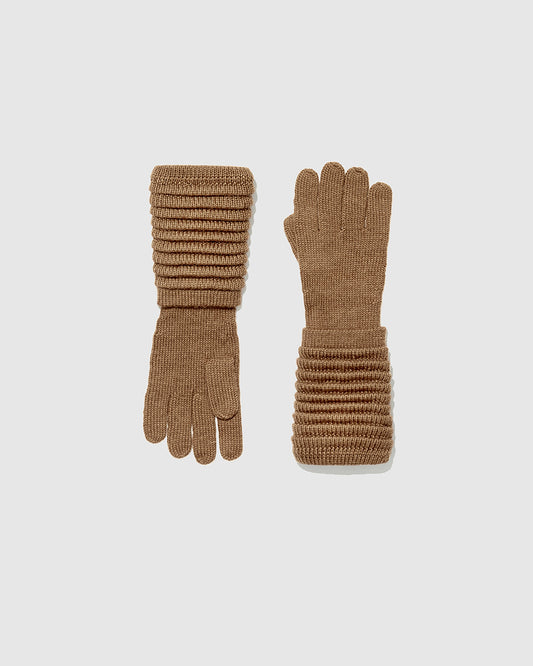 Sentaler Adult Ribbed Dark Camel Gloves in Baby Alpaca yarn. Seen as off figure.