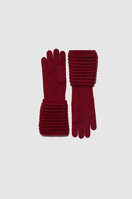 Sentaler Adult Ribbed Gloves featured in Baby Alpaca and available in Garnet Red. Seen as off figure.