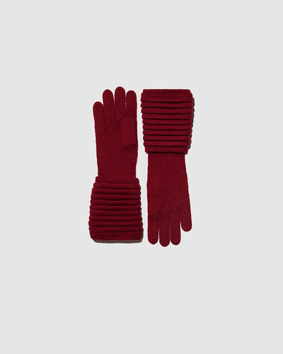 Sentaler Adult Ribbed Garnet Red Gloves in Baby Alpaca yarn. Seen as off figure.