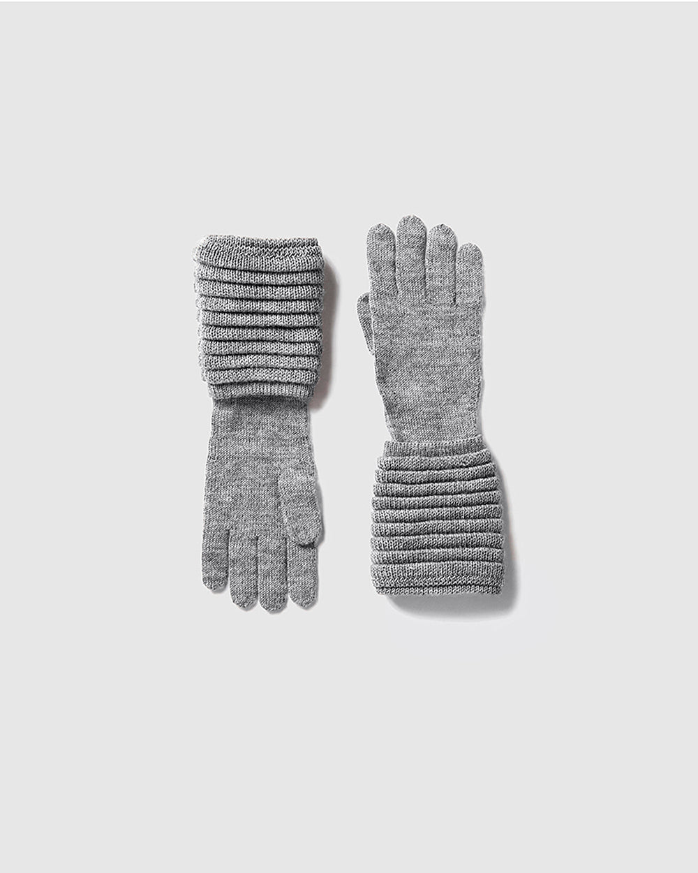 Sentaler Adult Ribbed Grey Gloves in Baby Alpaca yarn. Seen as off figure.