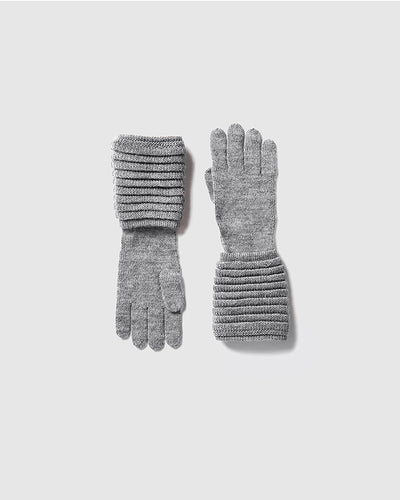 Sentaler Adult Ribbed Grey Gloves in Baby Alpaca yarn. Seen as off figure.