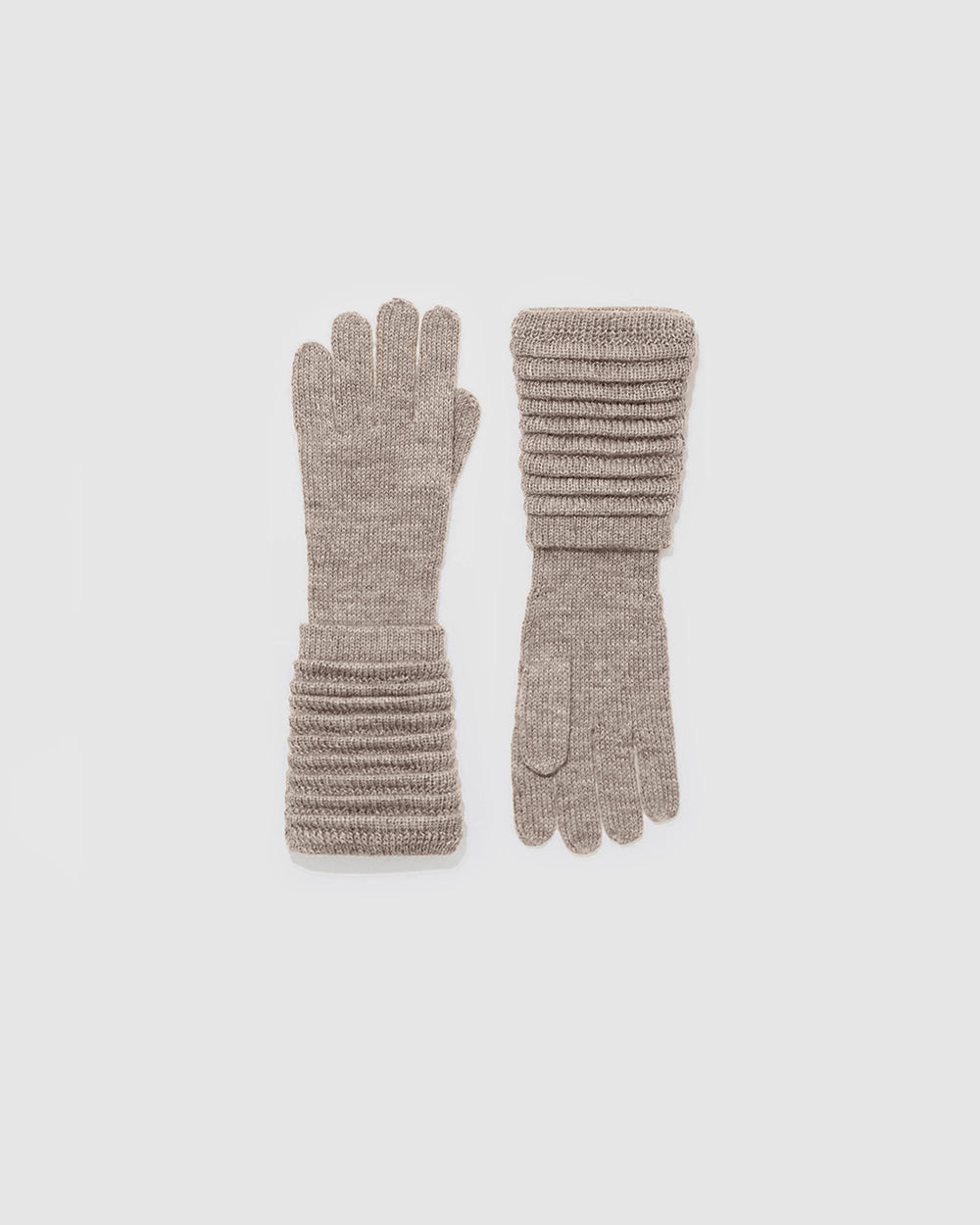 Sentaler Adult Ribbed Light Taupe Gloves in Baby Alpaca yarn. Seen as off figure.