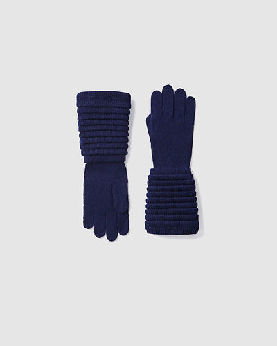 Sentaler Adult Ribbed Navy Gloves in Baby Alpaca yarn. Seen as off figure.