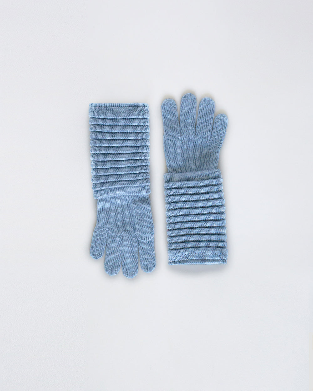 Sentaler Adult Ribbed Powder Blue Gloves in Baby Alpaca yarn. Seen as off figure.