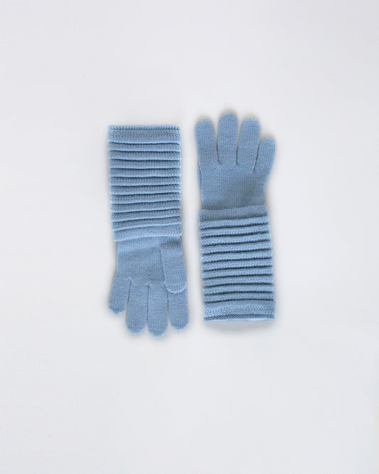 Sentaler women’s powder blue ribbed winter gloves made of Baby Alpaca fabric, displayed on a white background.