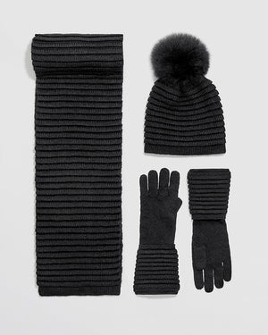 Sentaler women’s black ribbed winter accessories set including hat, scarf, and gloves made of Baby Alpaca fabric displayed on a white background.