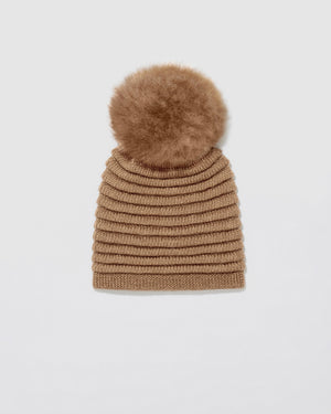 Sentaler women’s dark camel ribbed winter hat made of Baby Alpaca fabric with oversized fur pompom, displayed on a white background.