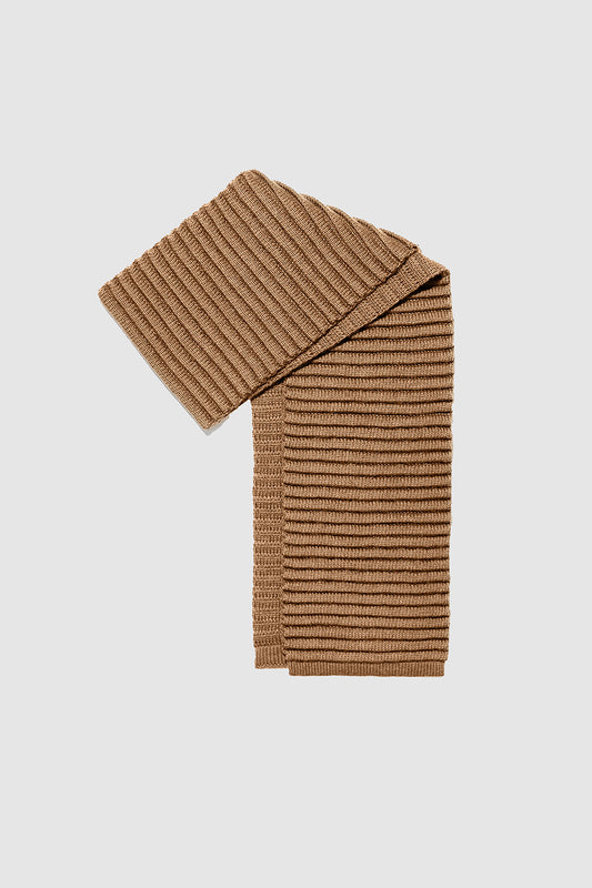 Sentaler Adult Ribbed Scarf featured in Baby Alpaca and available in Dark Camel. Seen as off figure folded.
