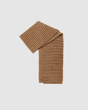Sentaler women’s dark camel ribbed winter scarf made of Baby Alpaca fabric displayed on a white background.